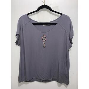 Misslook Womens Gray Short Sleeve Top With Embroidered Accent Size M